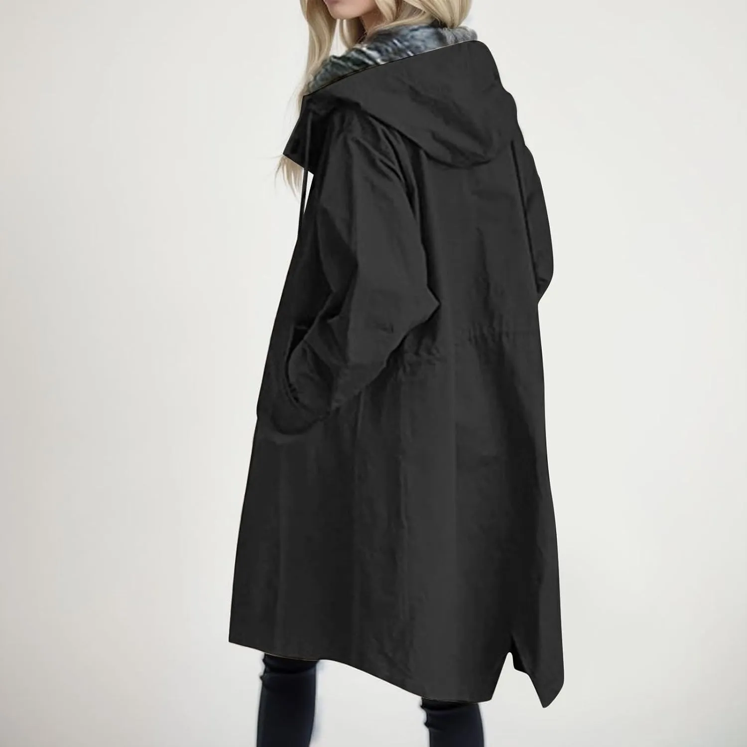 Women's Elegant Notched Collar Double Button Slim Long Wool Blend Pea Coat Jacket