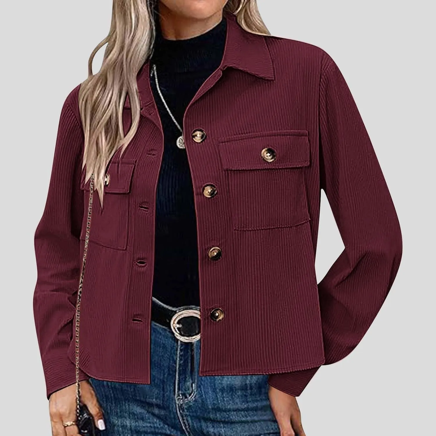 Womens Fashion Cropped Shackets Corduroy Button Down Crop Jackets Tops Long Sleeve Lapel Shirts Trendy Tops Jacket