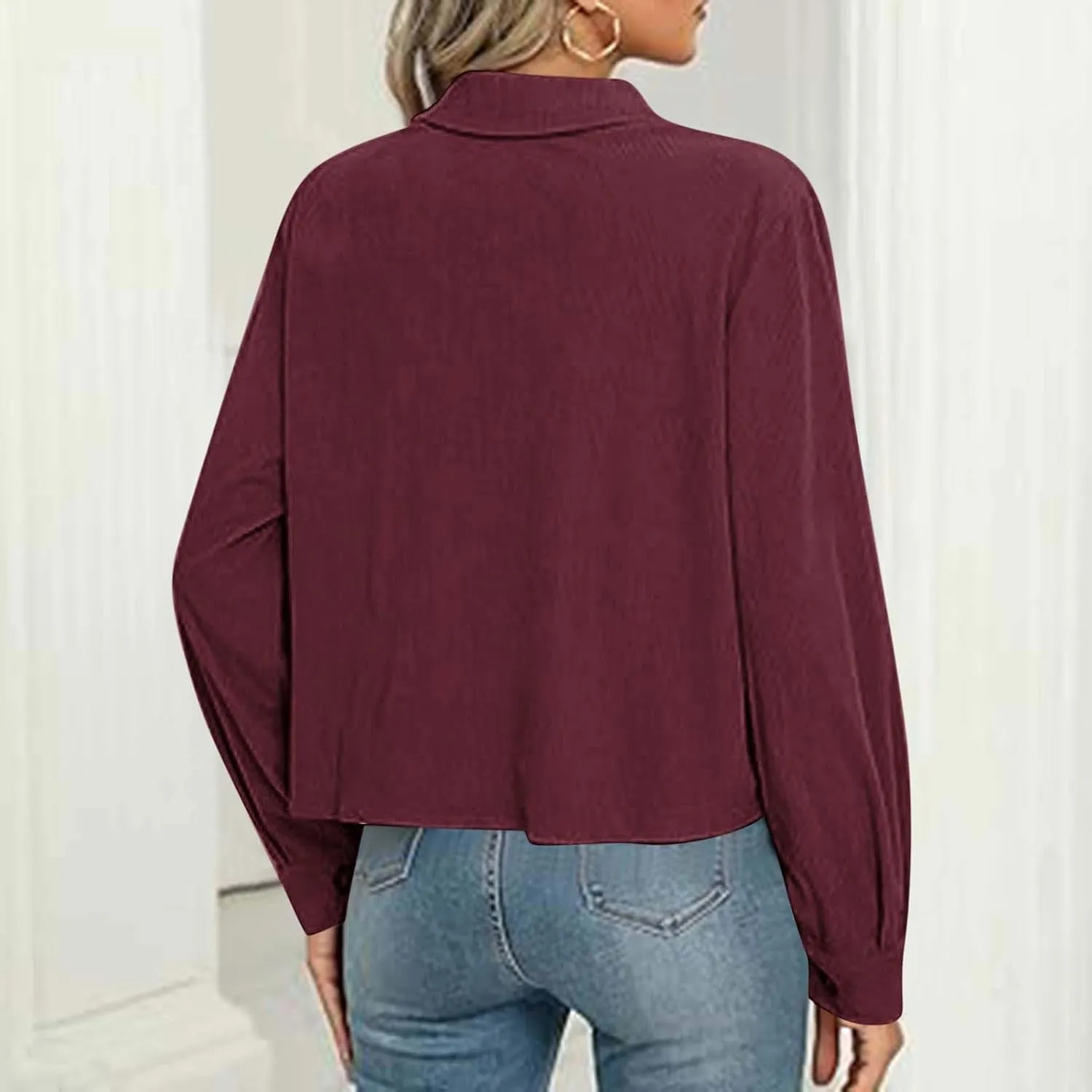Womens Fashion Cropped Shackets Corduroy Button Down Crop Jackets Tops Long Sleeve Lapel Shirts Trendy Tops Jacket
