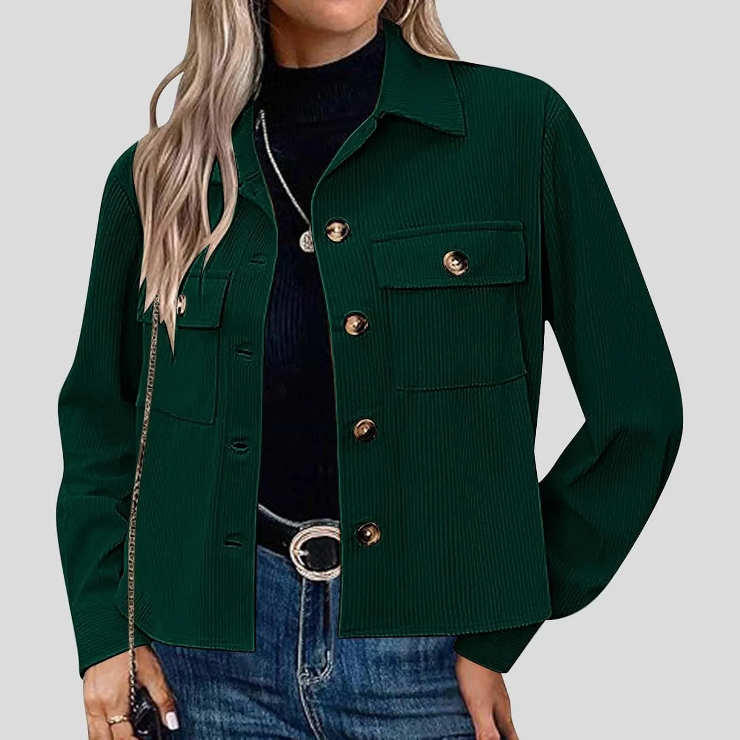 Womens Fashion Cropped Shackets Corduroy Button Down Crop Jackets Tops Long Sleeve Lapel Shirts Trendy Tops Jacket