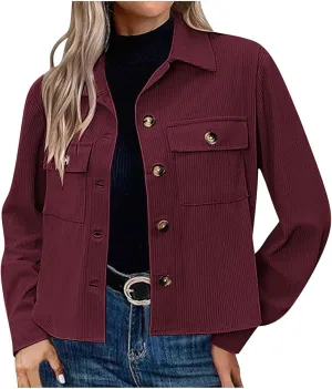 Womens Fashion Cropped Shackets Corduroy Button Down Crop Jackets Tops Long Sleeve Lapel Shirts Trendy Tops Jacket