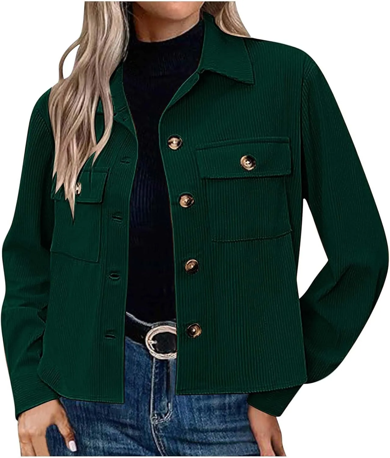 Womens Fashion Cropped Shackets Corduroy Button Down Crop Jackets Tops Long Sleeve Lapel Shirts Trendy Tops Jacket