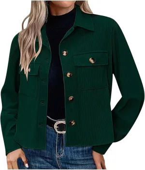 Womens Fashion Cropped Shackets Corduroy Button Down Crop Jackets Tops Long Sleeve Lapel Shirts Trendy Tops Jacket