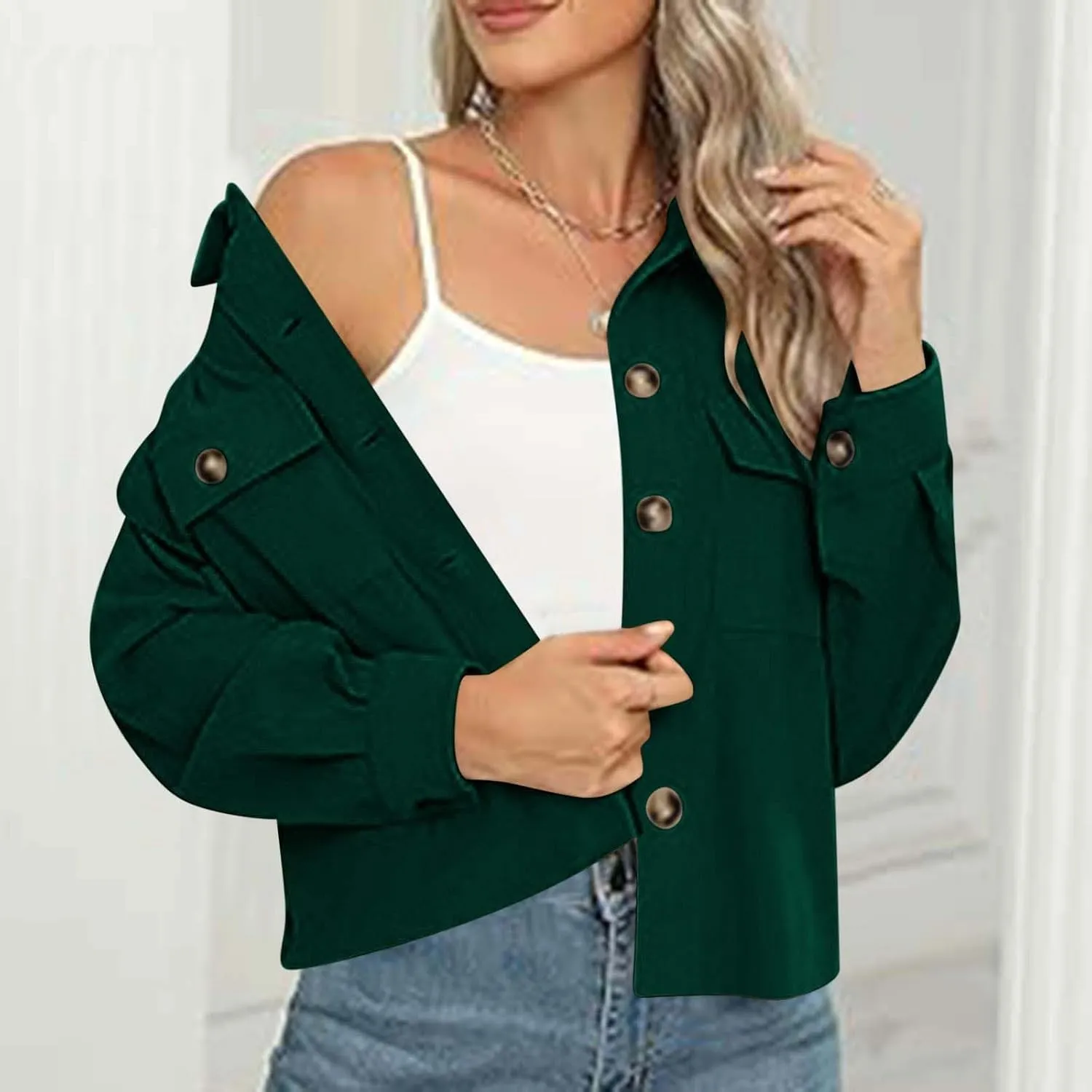 Womens Fashion Cropped Shackets Corduroy Button Down Crop Jackets Tops Long Sleeve Lapel Shirts Trendy Tops Jacket