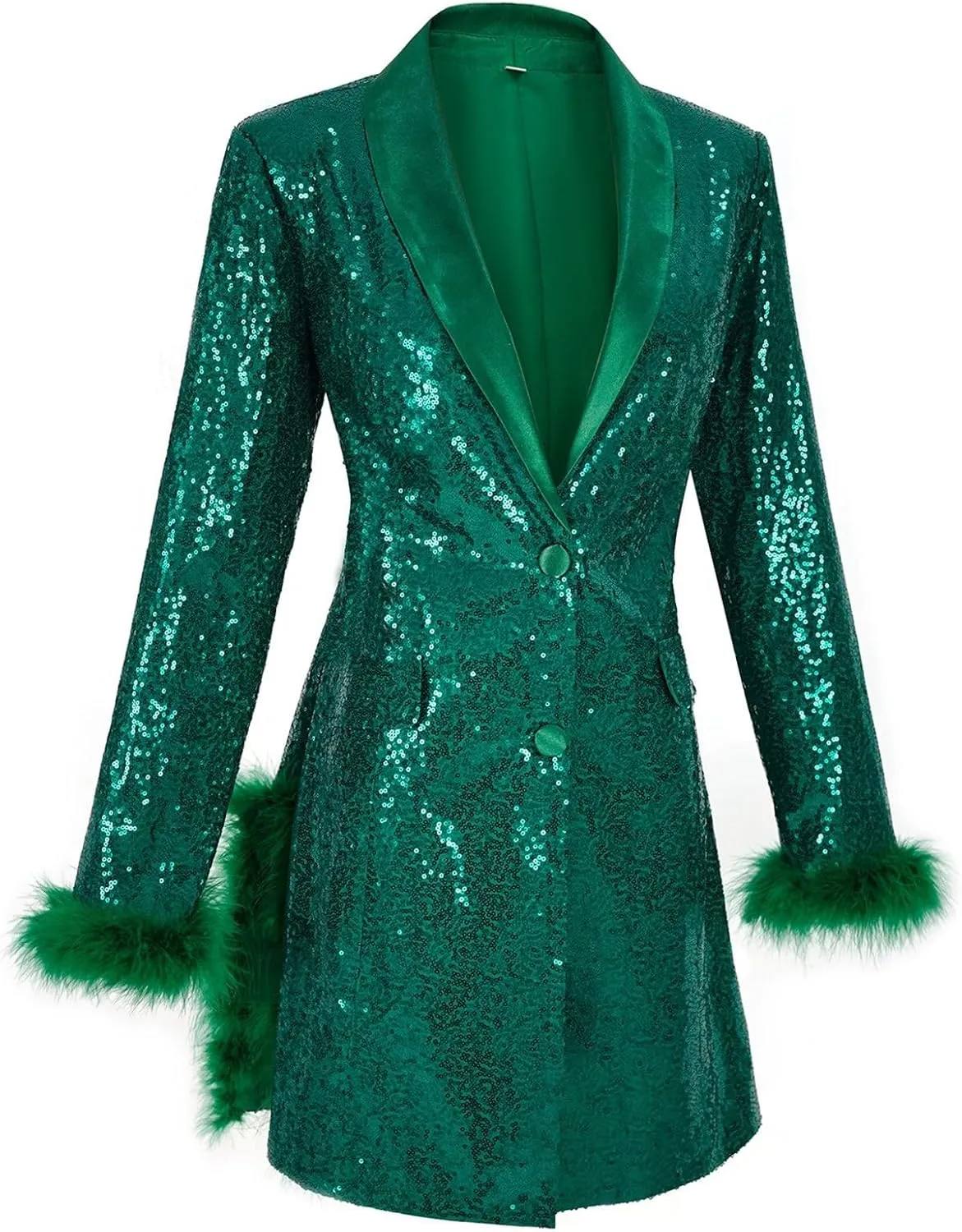 Women's Fashionable and Sexy Solid Color Deep V Long Sleeved Dress with Button Pockets Sequin Warm Winter Jackets