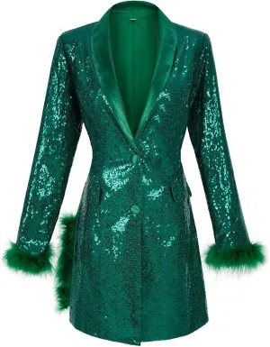 Women's Fashionable and Sexy Solid Color Deep V Long Sleeved Dress with Button Pockets Sequin Warm Winter Jackets