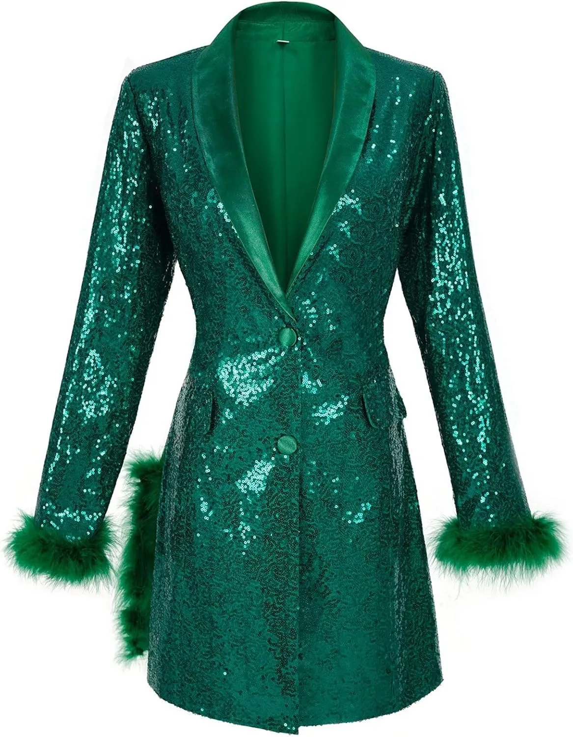 Women's Fashionable and Sexy Solid Color Deep V Long Sleeved Dress with Button Pockets Sequin Warm Winter Jackets