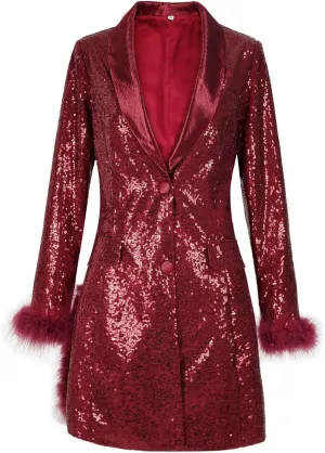 Women's Fashionable and Sexy Solid Color Deep V Long Sleeved Dress with Button Pockets Sequin Warm Winter Jackets