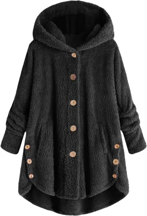 Women's Fleece Jackets Button Down Fuzzy Sherpa Lined Hooded Cardigans Jacket Casual Open Front Warm Plush Outwear