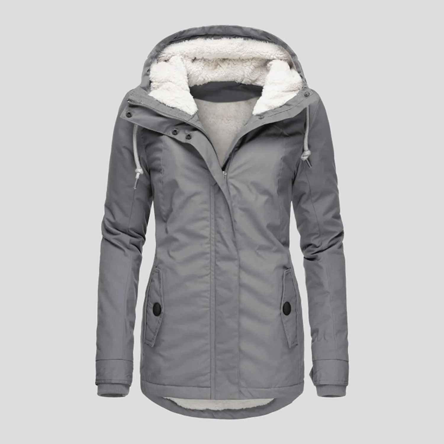 Women's Fleece Jackets Thickened Sherpa Lined Warm Winter Jacket Full Zip Up Slim Fit Solid Color Hooded Tops Outwear