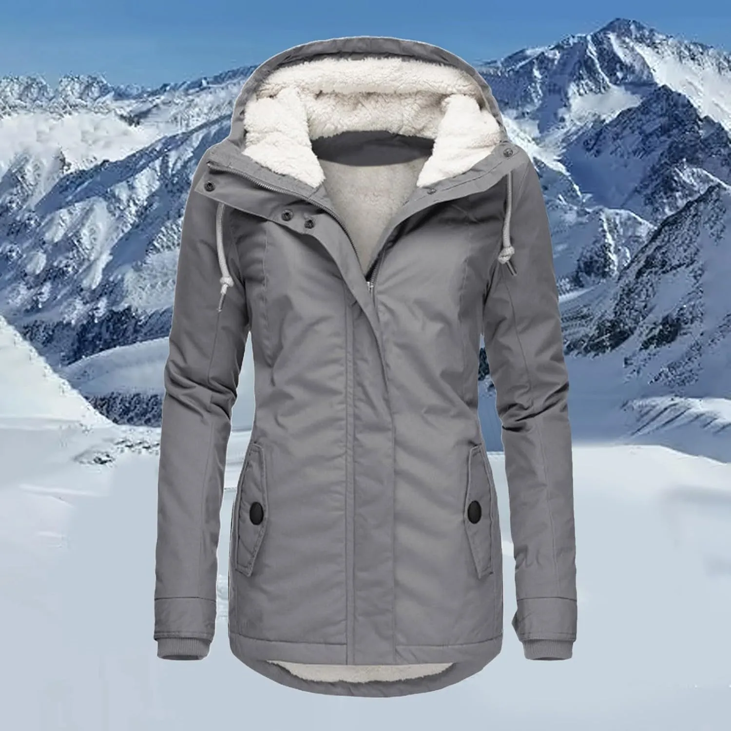 Women's Fleece Jackets Thickened Sherpa Lined Warm Winter Jacket Full Zip Up Slim Fit Solid Color Hooded Tops Outwear