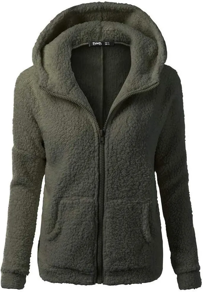 Womens Fuzzy Fleece Jacket Sherpa Lined Slim Fit Zip Up Hooded Sweatshirts Long Sleeve Warm Winter Cardigans Jackets