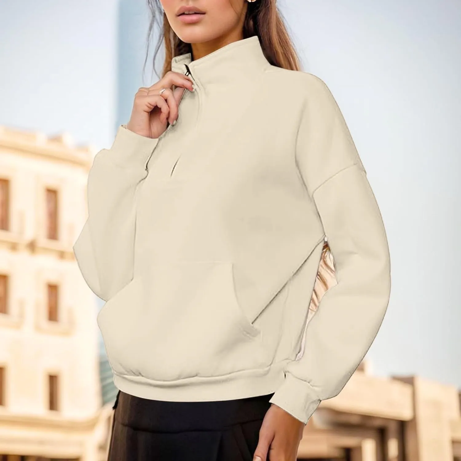 Women's High Neck Half Zip Sweatshirts Oversized Casual Long Sleeve Quarter Zip Pullover 2024 Fall Outfits