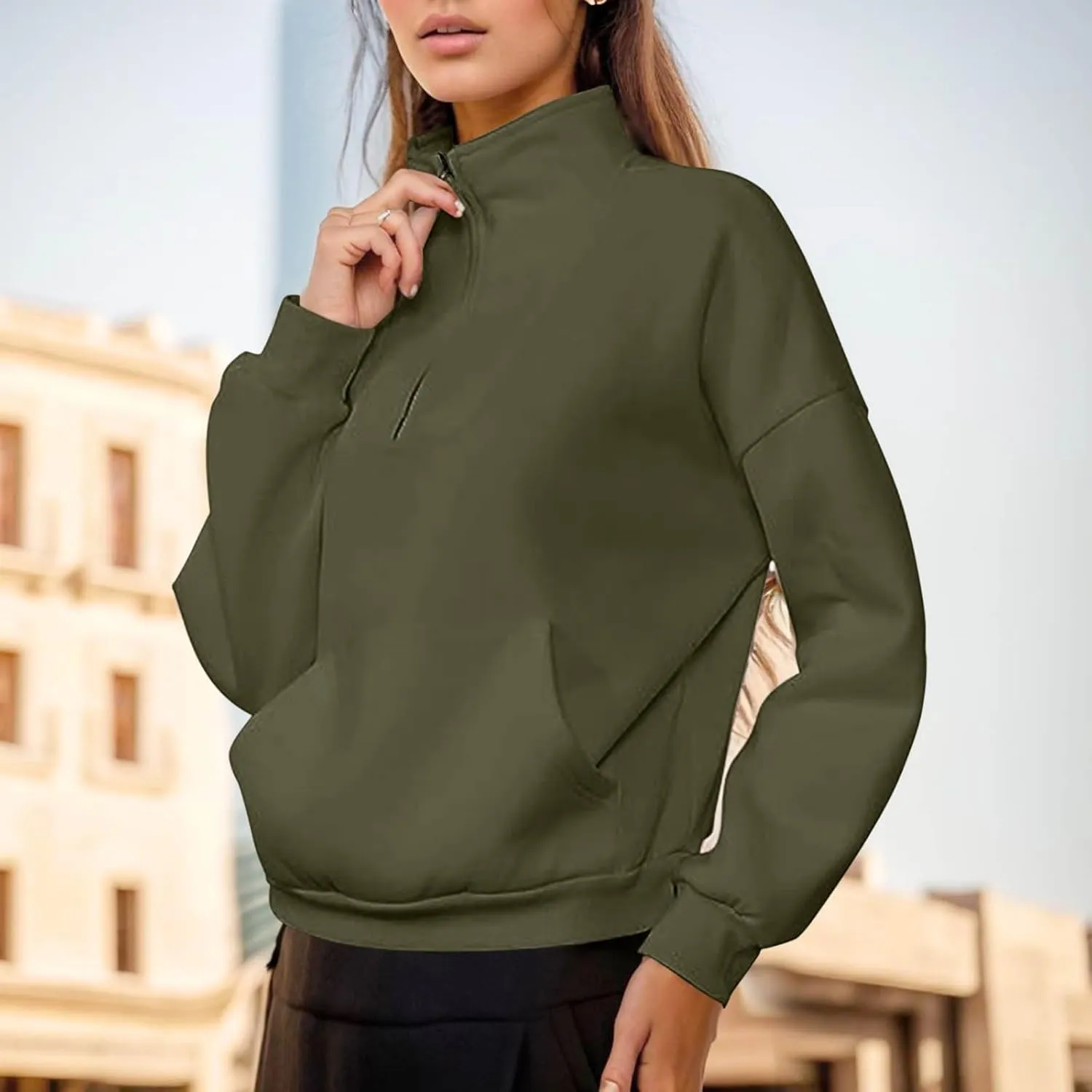 Women's High Neck Half Zip Sweatshirts Oversized Casual Long Sleeve Quarter Zip Pullover 2024 Fall Outfits