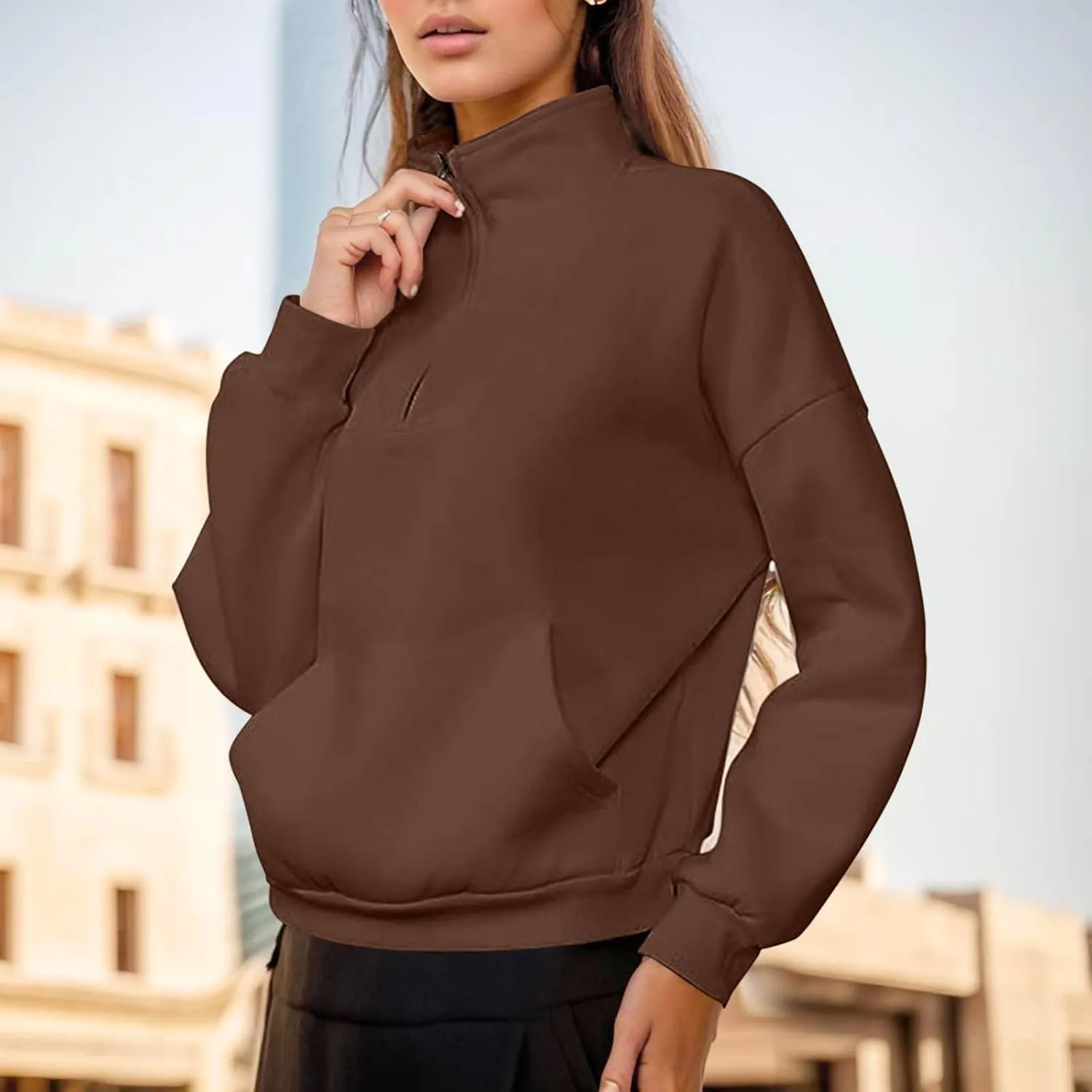 Women's High Neck Half Zip Sweatshirts Oversized Casual Long Sleeve Quarter Zip Pullover 2024 Fall Outfits