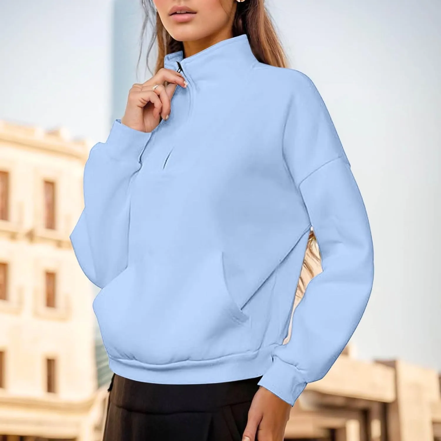 Women's High Neck Half Zip Sweatshirts Oversized Casual Long Sleeve Quarter Zip Pullover 2024 Fall Outfits