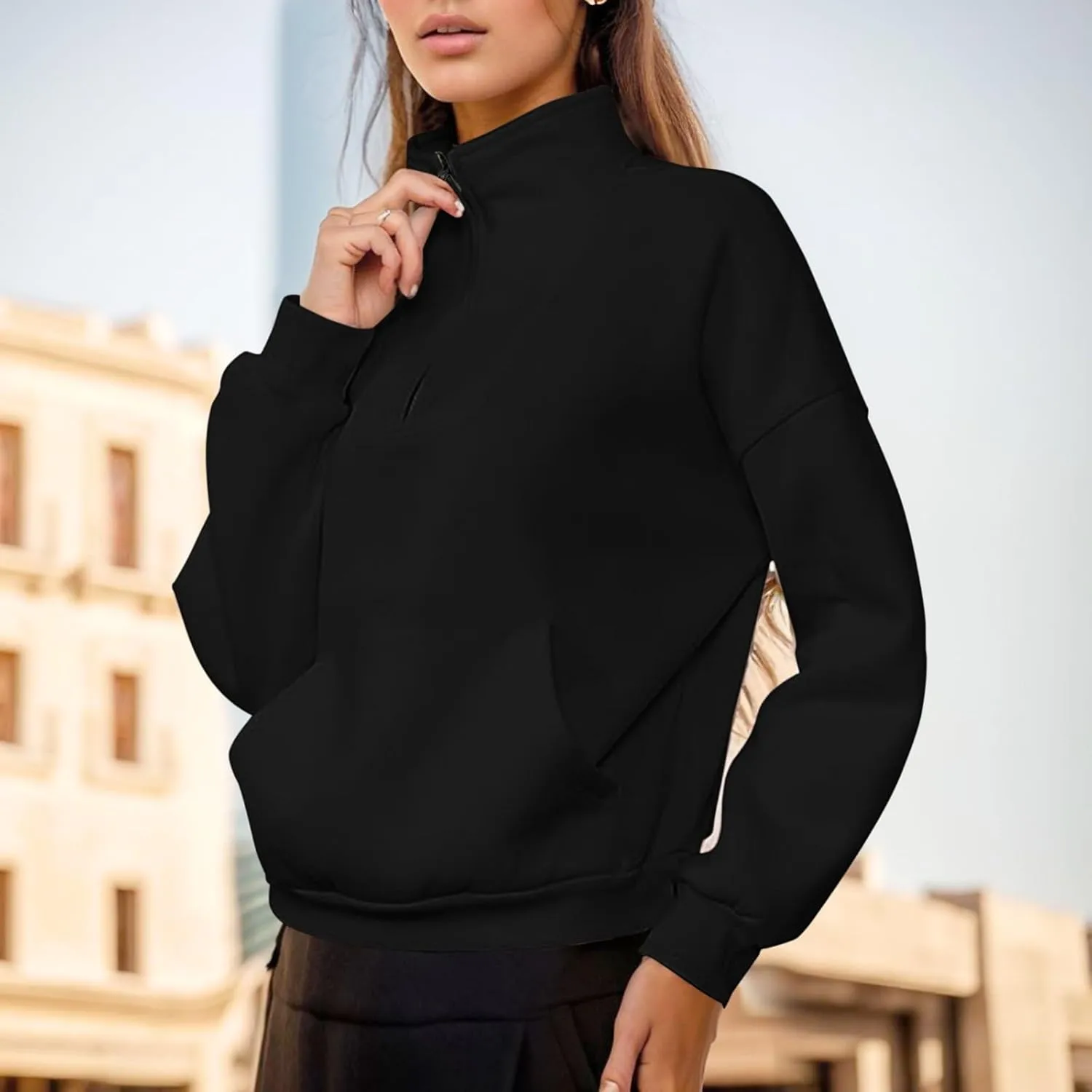 Women's High Neck Half Zip Sweatshirts Oversized Casual Long Sleeve Quarter Zip Pullover 2024 Fall Outfits