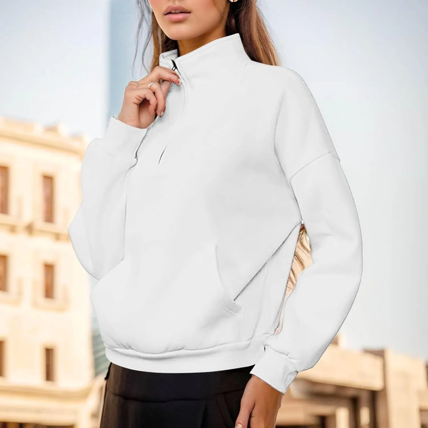 Womens High Neck Half Zip Sweatshirts Oversized Long Sleeve Quarter Zip Pullover Trendy 2024 Fall Outfits