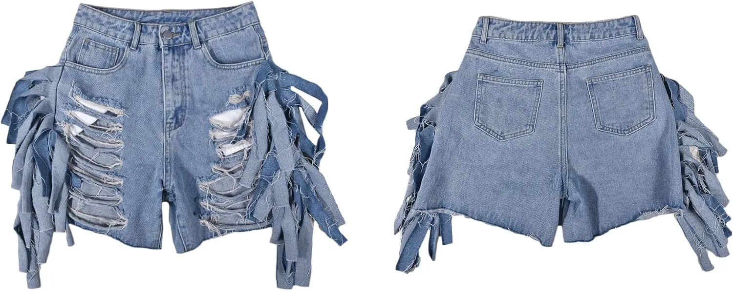 Women's High Waist Ripped Denim Shorts Tassels Hem Distressed Stretchy Trendy Summer Jean Shorts
