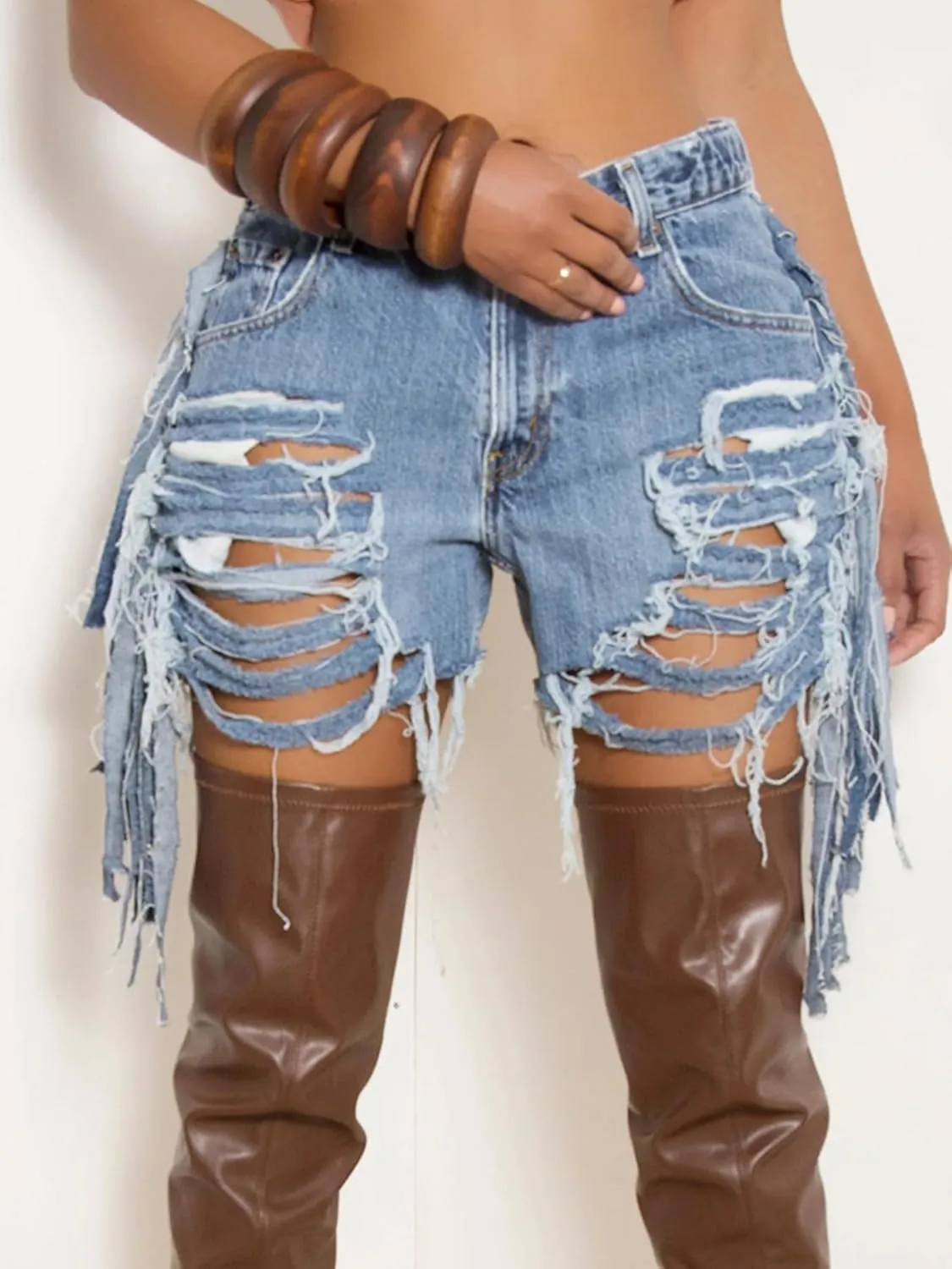 Women's High Waist Ripped Denim Shorts Tassels Hem Distressed Stretchy Trendy Summer Jean Shorts