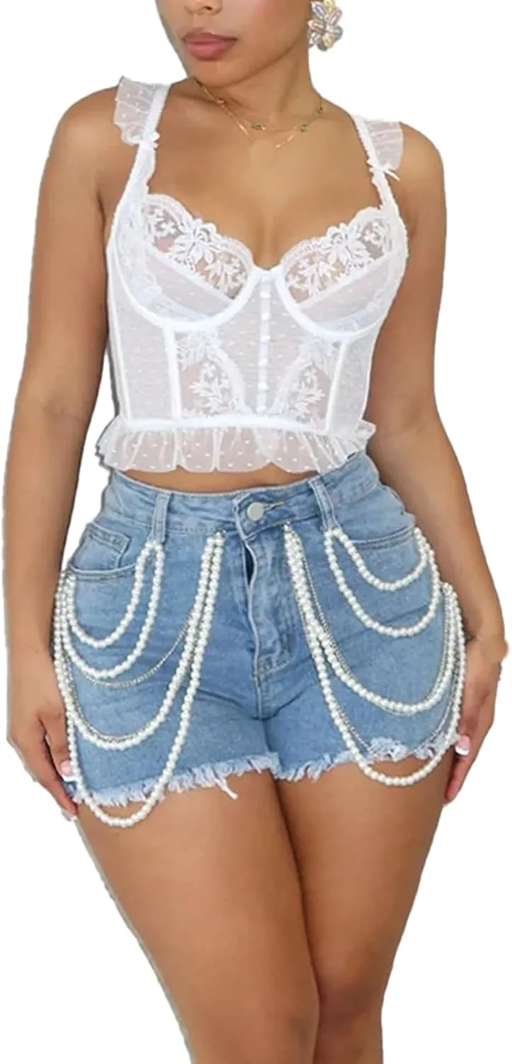 Women's High Waisted Pearls Chain Denim Shorts Stretchy Raw Hem Bodycon Jean Shorts with Pockets 2025 Summer