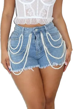 Women's High Waisted Pearls Chain Denim Shorts Stretchy Raw Hem Bodycon Jean Shorts with Pockets 2025 Summer