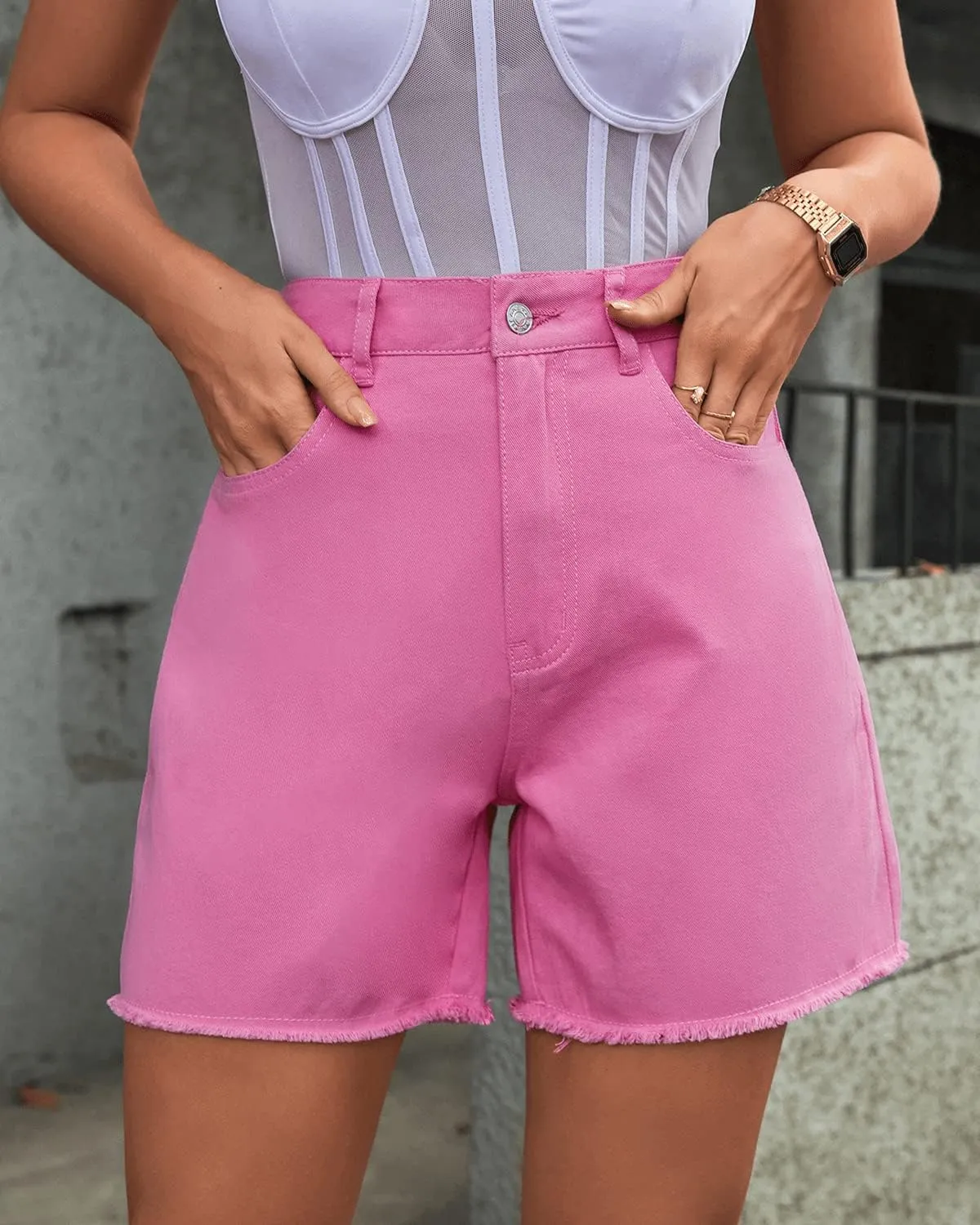 Womens High Waisted Straight Leg Hotpants Denim Shorts Washed Raw Hem Jean Bermuda Shorts with Pockets