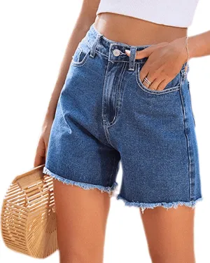 Womens High Waisted Straight Leg Hotpants Denim Shorts Washed Raw Hem Jean Bermuda Shorts with Pockets