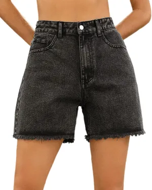 Womens High Waisted Straight Leg Hotpants Denim Shorts Washed Raw Hem Jean Bermuda Shorts with Pockets