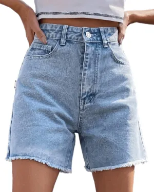 Womens High Waisted Straight Leg Hotpants Denim Shorts Washed Raw Hem Jean Bermuda Shorts with Pockets