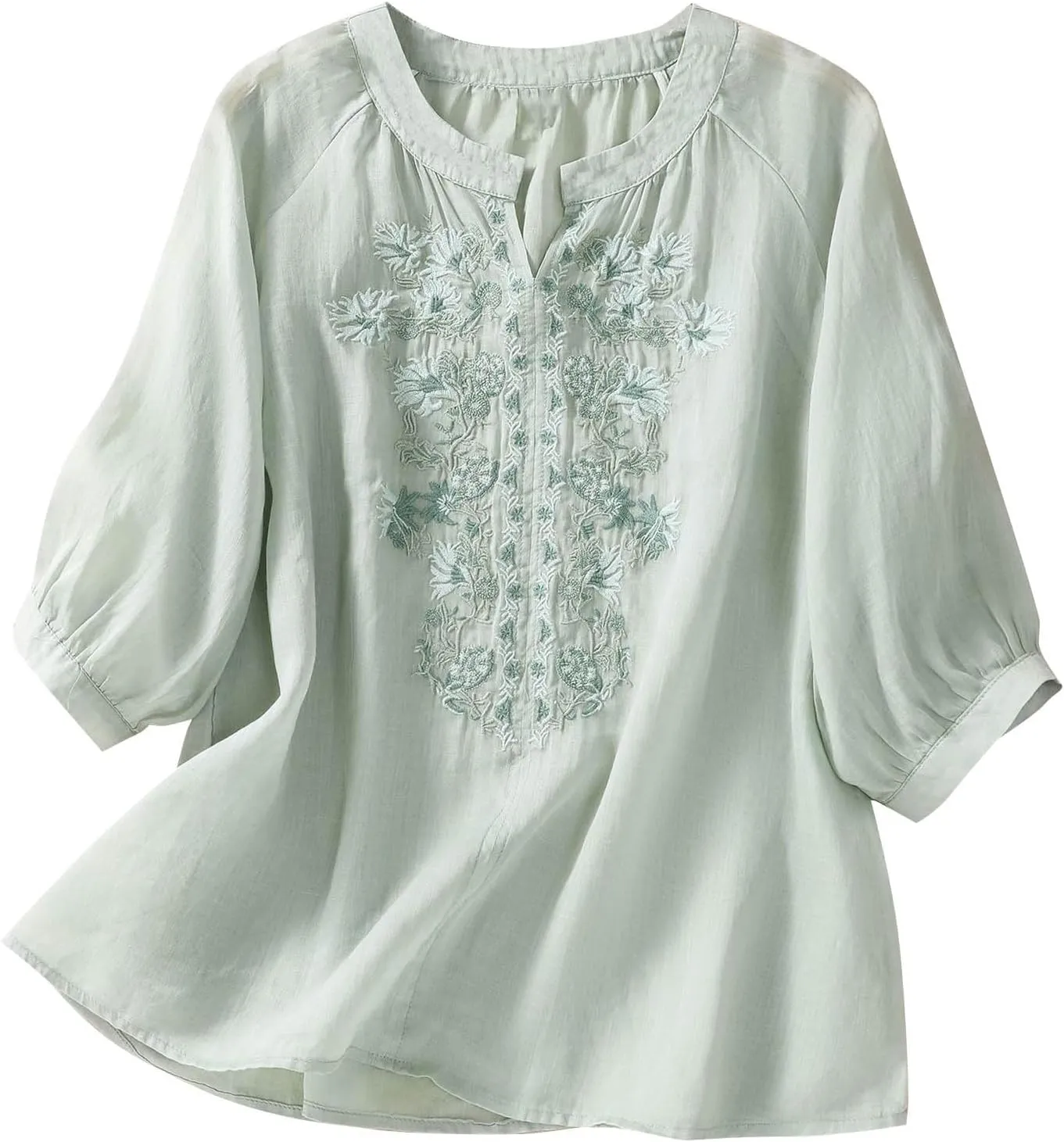 Women's Linen Tops Bohemian Short Sleeve Shirts Summer Loose V Neck Casual Vintage Floral Embroidered Blouse Tees