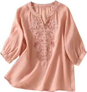 Women's Linen Tops Bohemian Short Sleeve Shirts Summer Loose V Neck Casual Vintage Floral Embroidered Blouse Tees