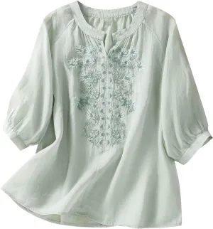 Women's Linen Tops Bohemian Short Sleeve Shirts Summer Loose V Neck Casual Vintage Floral Embroidered Blouse Tees