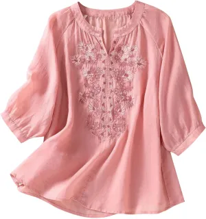 Women's Linen Tops Bohemian Short Sleeve Shirts Summer Loose V Neck Casual Vintage Floral Embroidered Blouse Tees