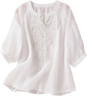Women's Linen Tops Bohemian Short Sleeve Shirts Summer Loose V Neck Casual Vintage Floral Embroidered Blouse Tees