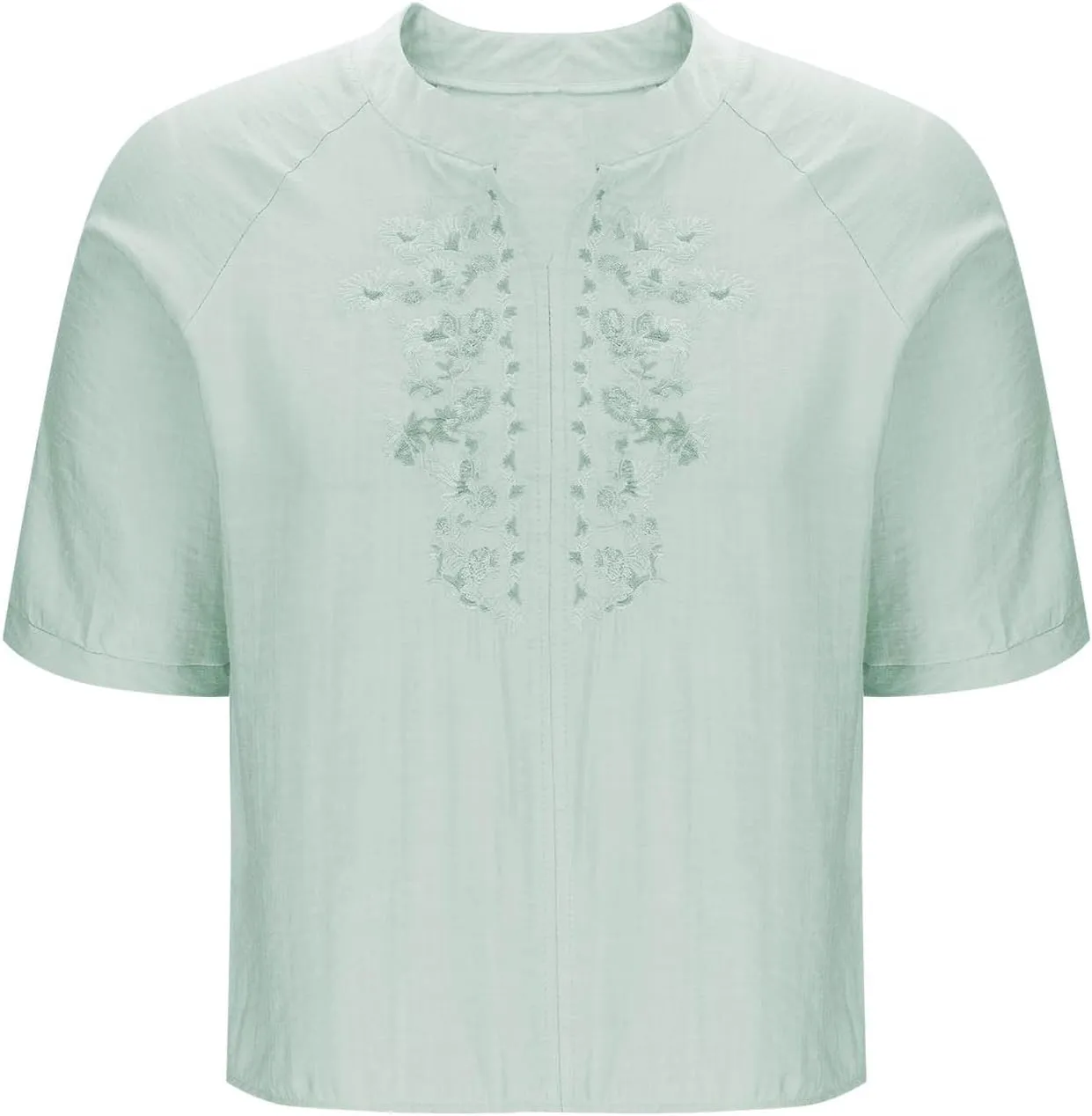 Women's Linen Tops Bohemian Short Sleeve Shirts Summer Loose V Neck Casual Vintage Floral Embroidered Blouse Tees