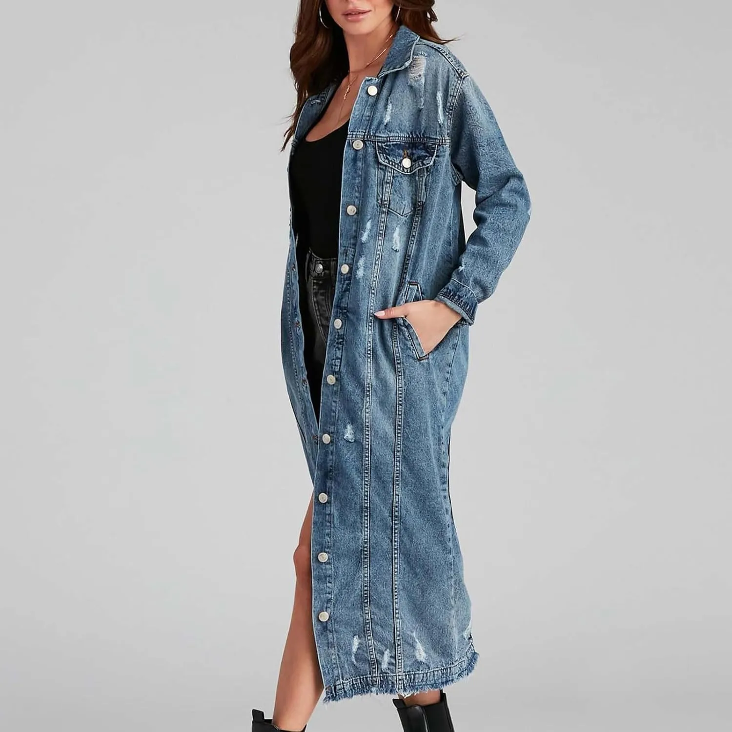 Women's Long Double Breasted Denim Jacket Oversized Button Down Maxi Jean Coat Classic Lapel Outercoat