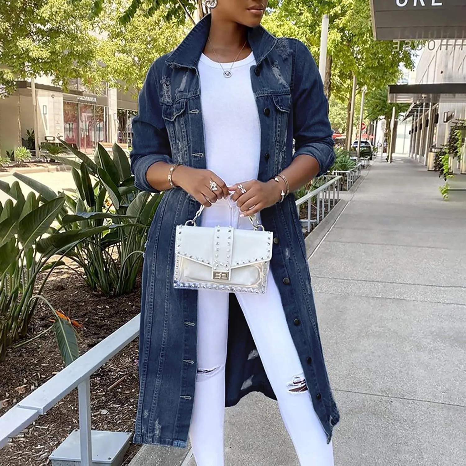 Women's Long Double Breasted Denim Jacket Oversized Button Down Maxi Jean Coat Classic Lapel Outercoat