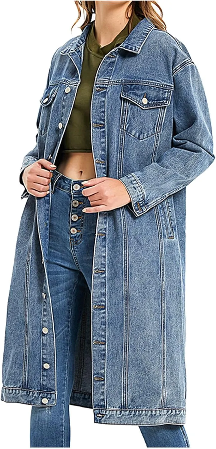 Women's Long Double Breasted Denim Jacket Oversized Button Down Maxi Jean Coat Classic Lapel Outercoat