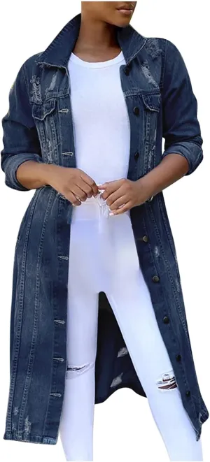 Women's Long Double Breasted Denim Jacket Oversized Button Down Maxi Jean Coat Classic Lapel Outercoat