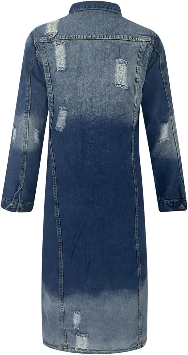 Women's Long Double Breasted Denim Jacket Oversized Button Down Maxi Jean Coat Classic Lapel Outercoat