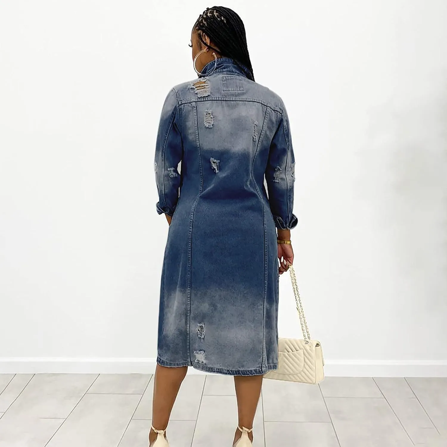 Women's Long Double Breasted Denim Jacket Oversized Button Down Maxi Jean Coat Classic Lapel Outercoat