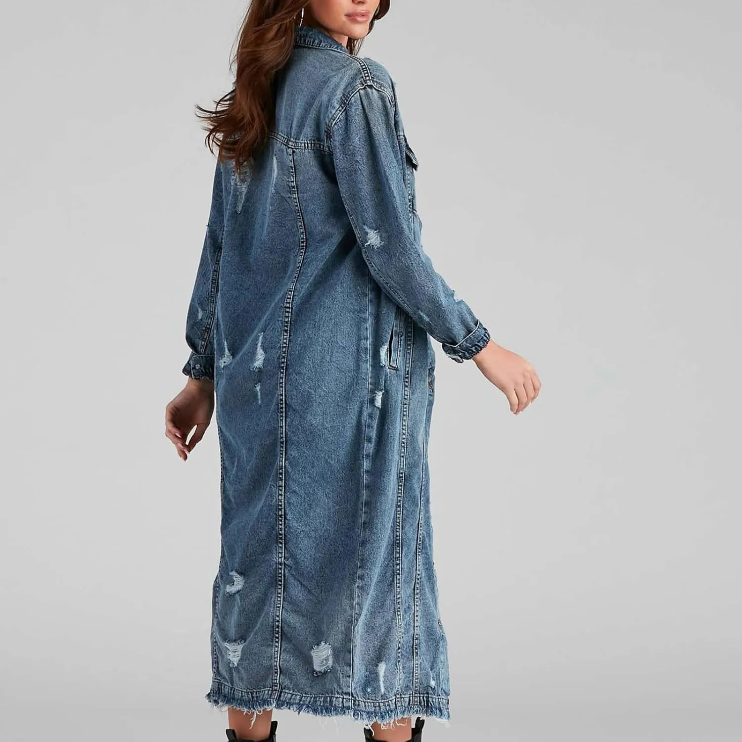 Women's Long Double Breasted Denim Jacket Oversized Button Down Maxi Jean Coat Classic Lapel Outercoat