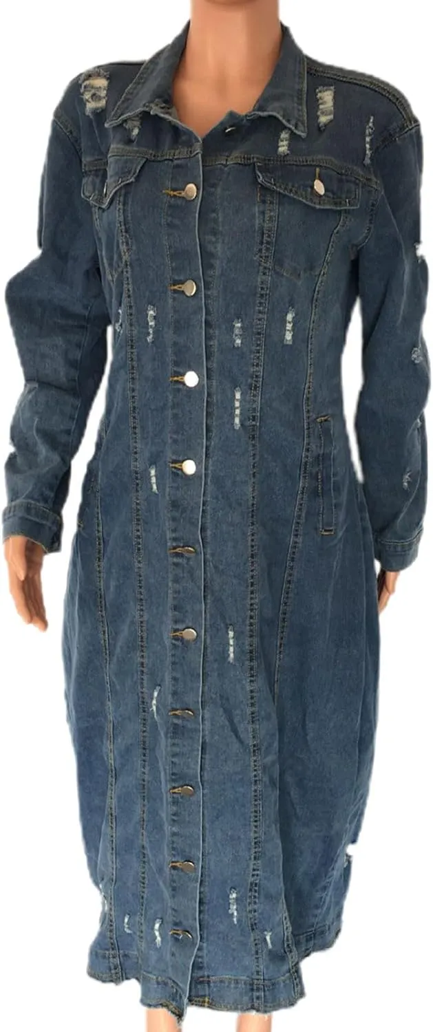 Women's Long Double Breasted Denim Jacket Oversized Button Down Maxi Jean Coat Classic Lapel Outercoat