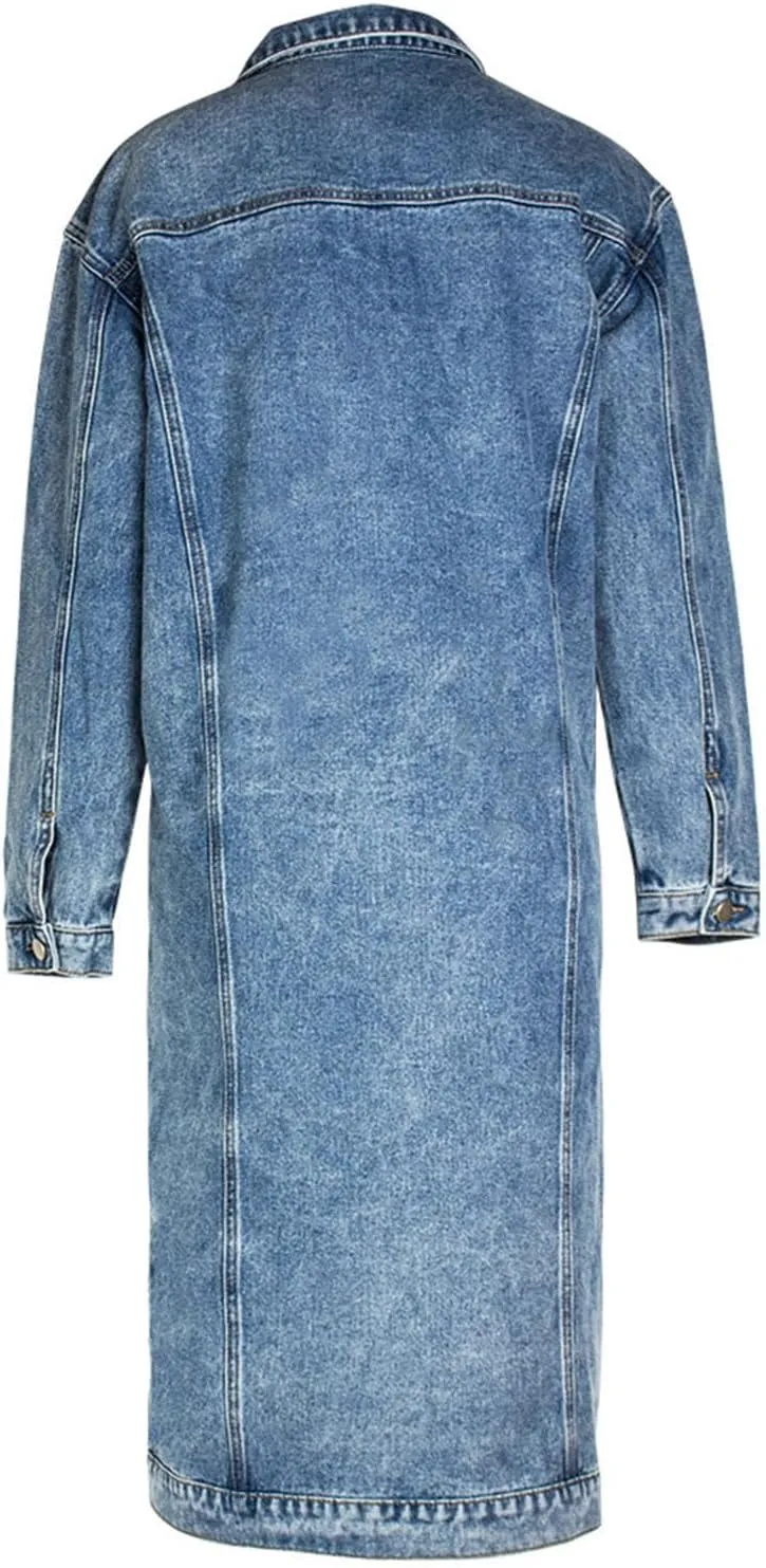 Women's Long Double Breasted Denim Jacket Oversized Button Down Maxi Jean Coat Classic Lapel Outercoat