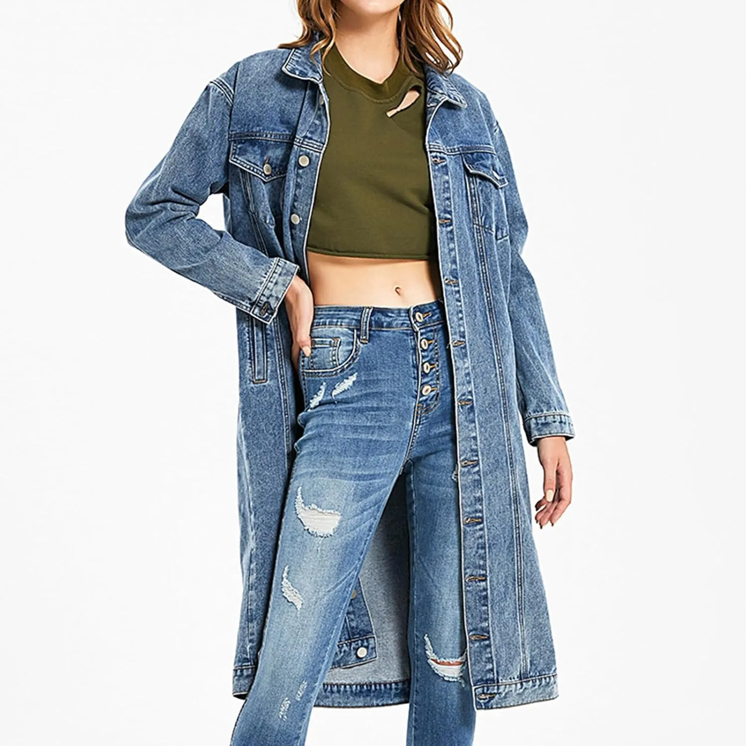 Women's Long Double Breasted Denim Jacket Oversized Button Down Maxi Jean Coat Classic Lapel Outercoat