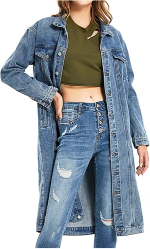 Women's Long Double Breasted Denim Jacket Oversized Button Down Maxi Jean Coat Classic Lapel Outercoat