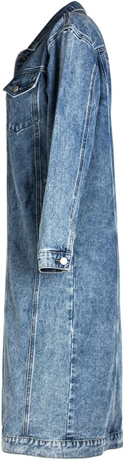 Women's Long Double Breasted Denim Jacket Oversized Button Down Maxi Jean Coat Classic Lapel Outercoat