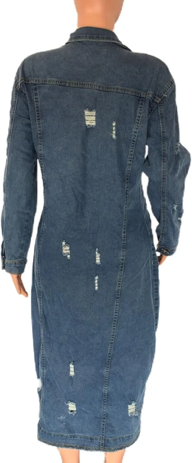 Women's Long Double Breasted Denim Jacket Oversized Button Down Maxi Jean Coat Classic Lapel Outercoat