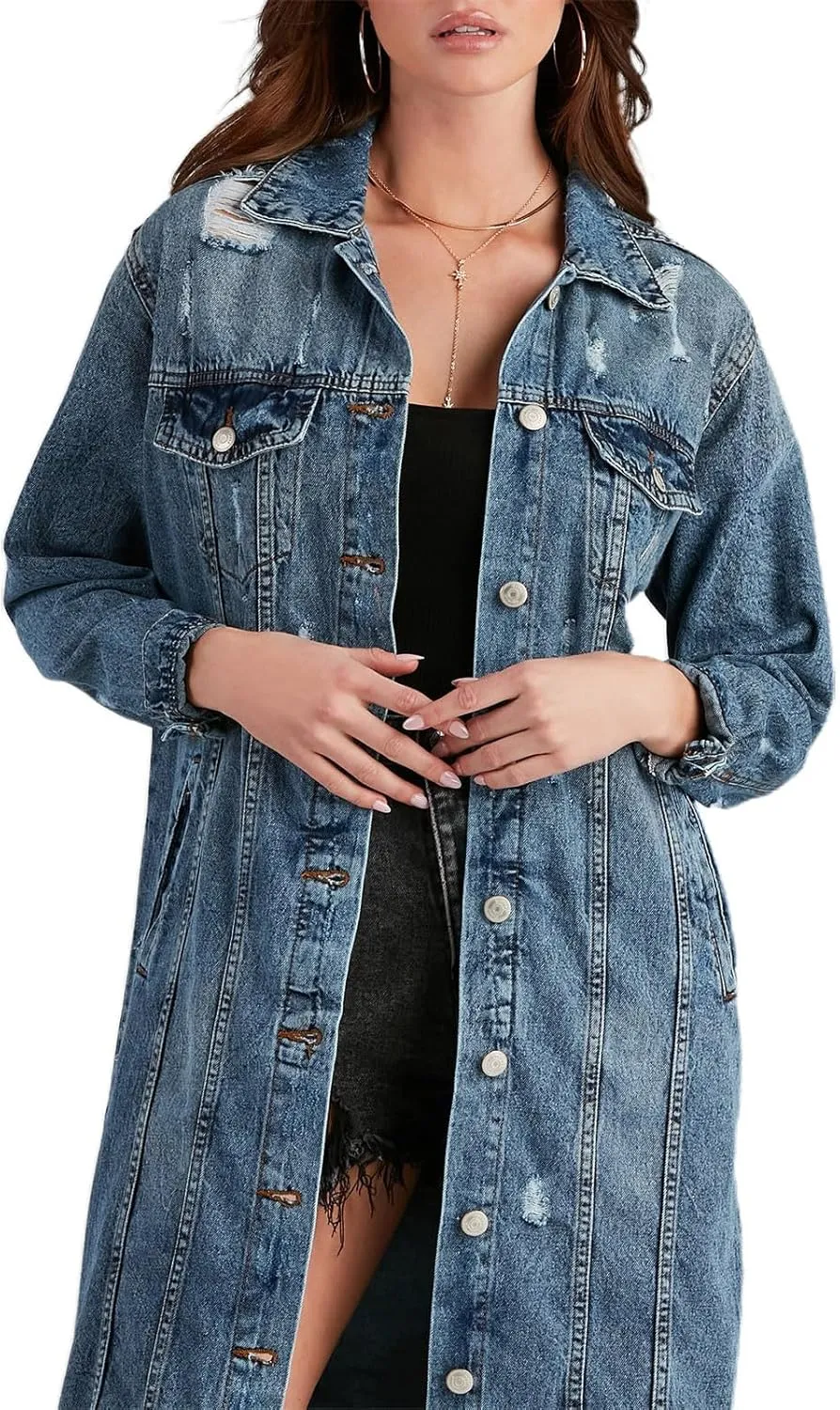 Women's Long Double Breasted Denim Jacket Oversized Button Down Maxi Jean Coat Classic Lapel Outercoat
